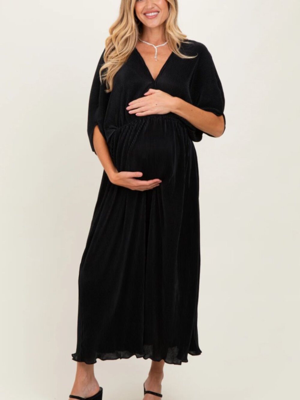Dress Day / Black Pleated Satin Dolman Sleeve Maternity Maxi Dress M